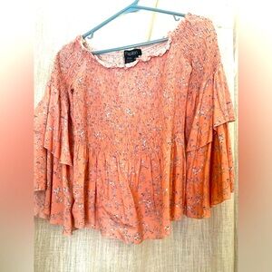 Super cute off the shoulder pink & blue floral blouse.